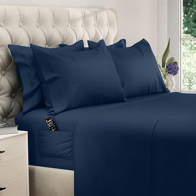DREAMCARE California King Sheet Sets - 6 pcs Breathable Cooling Bed Sheets - up to 15" Deep California King Sheets with Side Pockets -Extra Soft 100% Brushed Hypoallergenic Hotel Luxury Bedding N-Blue