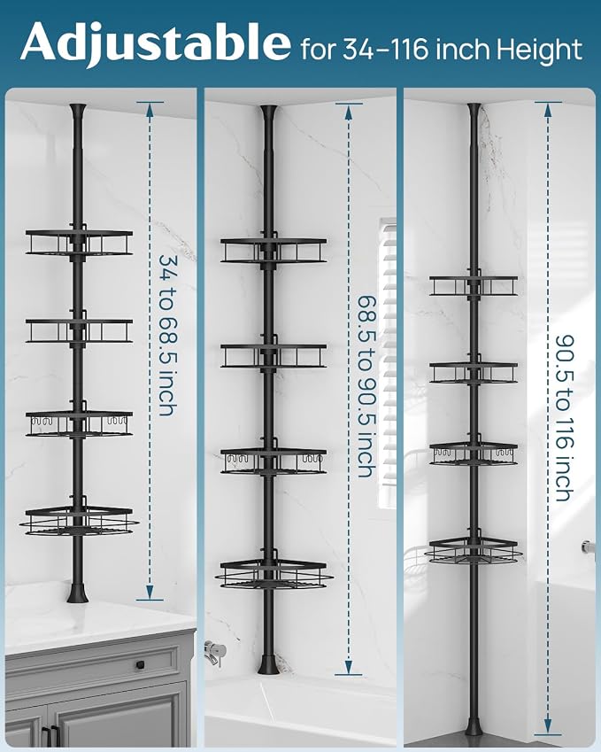 SEIRIONE Rustproof Shower Corner Caddy Organizer for Bathroom, 4-Tier Adjustable Bathroom Shelf with Tension Pole, Solid Rack Ideal for Bathtub Storage, 34 to 116 Inch Height, Black - Image 2
