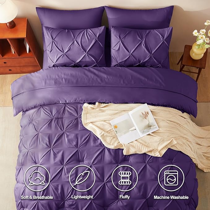 CozyLux Queen Comforter Set Purple, 7 Pieces Pintuck Bed in A Bag, Premium Purple Comforter Queen Size, Pinch Pleat Bedding Sets with Comforter, Sheets, Pillowcases & Shams