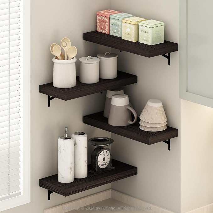 Furinno Tanna Floating Shelves for Wall Set of 4, 22-Inch Wall Shelf, Triple Thick Floating Mounted Shelf, for Bathroom, Home Office, Living Room, Tobacco Oak - Image 2