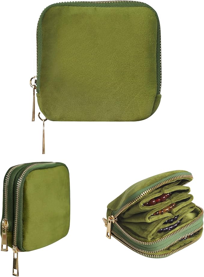 Stratalife Travel Jewelry Case Organizer 2-Layer Compact Storage Bag for Rings Earrings Necklace Bracelet Portable Velvet Jewelry Pouch with Zippers Accessories Travel Essential Gift for Women Green by Stratalife