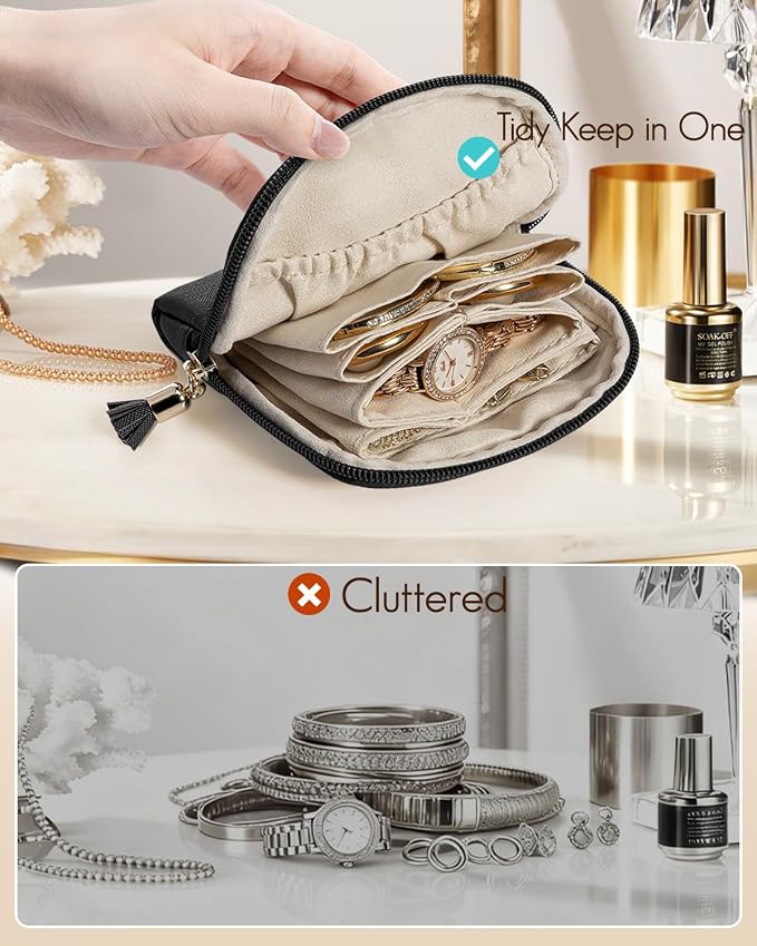 VLANDO Mini Jewelry Travel Case,Jewelry Pouch Bags with Zipper, Velvet Jewelry Organizer Storage Bag for Bracelet Rings Earring Travel Essentials Gifts for Women Girl - Black - Image 6