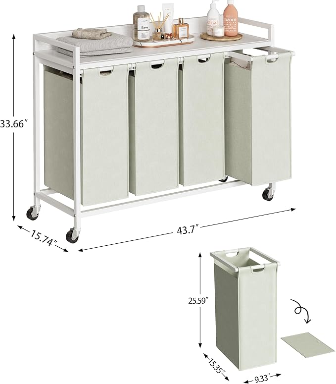 Herture Laundry Hamper with Shelf, Laundry Basket 4 Section, Laundry Sorter with Pull-Out Removable Large Bags and Movable Wheels, Metal Frame, 4 x 15.87 Gallons (60L), White PF07XLW - Image 4