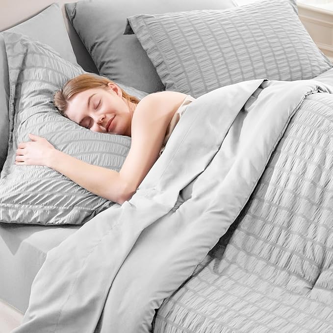 CozyLux Oversized Queen Comforter Set Light Grey Seersucker 7 Pieces 98x98 Bed in a Bag Comforter Set with Sheet, Luxury Bedding Set Down Alternative Comforter, Sheets, Pillowcases & Shams, Light Gray