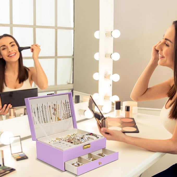 2-Layer Jewelry Box for Women Girls, Jewelry Organizers and Storage with Removable Jewelry Tray, Vintage Quilted Top Lockable Jewelry Holder Gift Idea Light Purple - Image 6