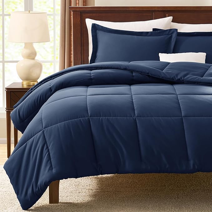 CozyLux King Comforter Set - Navy Blue Comforter King Size, 3 Pieces Box Stitched Bed Set for All Seasons, Soft Lightweight Bedding Sets with 1 Down Alternative Comforter and 2 Pillow Shams