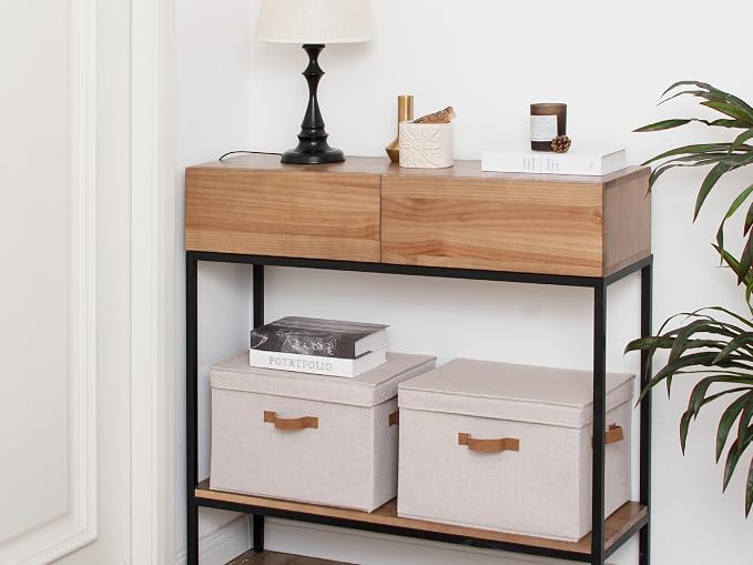 StorageWorks Fabric Storage Bins with Lid, Decorative Storage Boxes for Shelves, Stackable Closet Organizer Basket with Handles, Jumbo, Brown and Beige, 2-Pack - Image 5