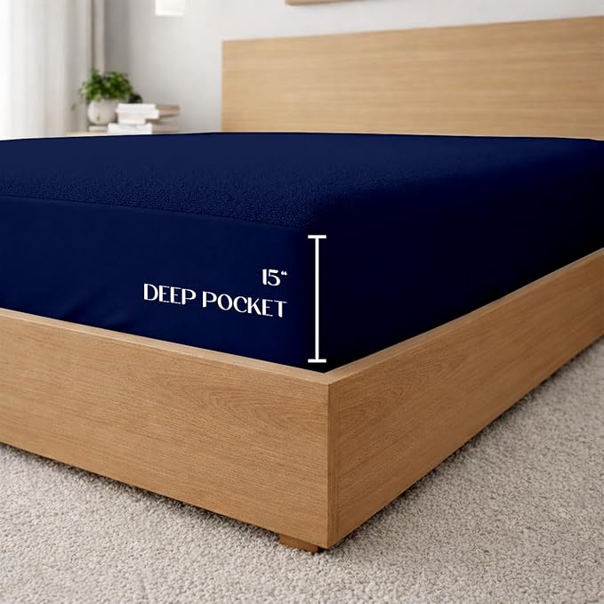 SGI Bedding Waterproof 39X80 Twin XL Mattress Protector – 15" Deep Pocket, Soft Noiseless & Breathable Fitted Style Bed Cover, Skin- Friendly Protection Against Moisture, Spills & Stains – Navy Blue