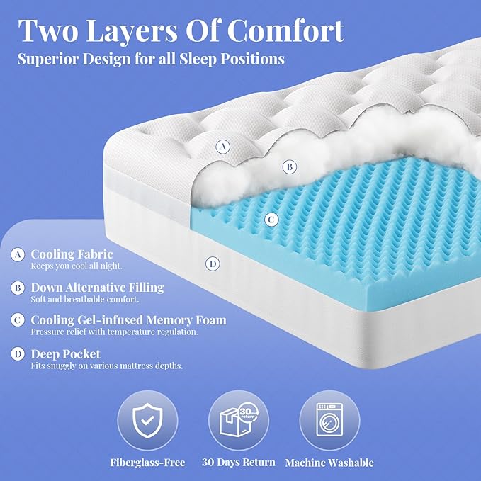 OhGeni Cooling 5 Inch Twin Size Dual Layer Mattress Topper, 3 Inch Egg Crate Gel Memory Foam, 2 Inch Soft Pillow Top Pad, Bedroom Cover for Kid Mattresses, Extra Comfortable Sleep and Back Pain Relief
