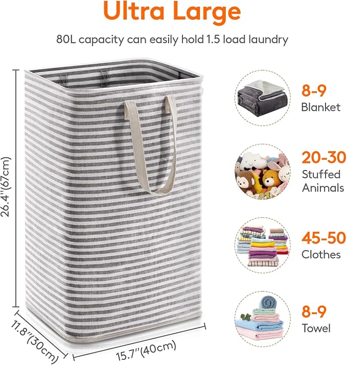 Lifewit 1 Pack Laundry Basket 80L Each, Collapsible Clothes Hamper with Reinforced Handles, Freestanding Waterproof Design for Bedroom and Laundry Room, Black 80L Total - Image 3