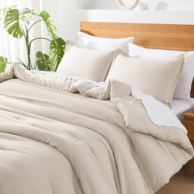 Andency Beige Queen Comforter Set - 7 Pieces Cream Bed in a Bag Queen Bedding Comforter Sets, Summer Solid Soft Lightweight Comforter with Fitted Sheets, Flat Sheets, Pillowcases & Shams