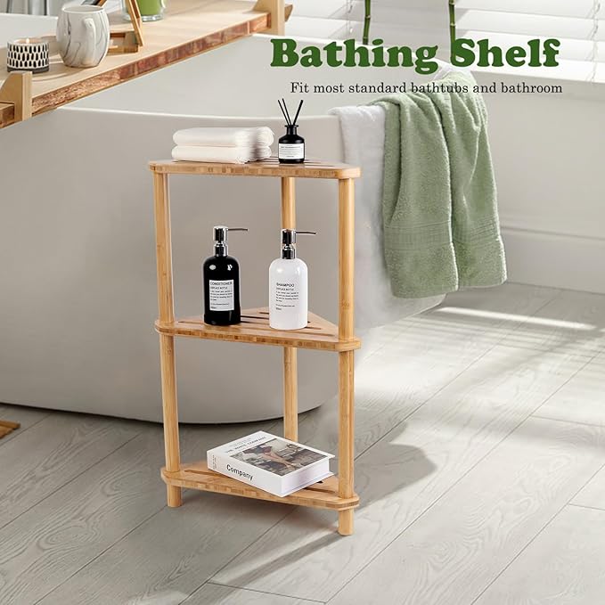 Bamboo Corner Shower Caddy Stand 3-Tier Waterproof,Free Standing Bathroom Corner Shelf Shower Stool Organizer for Inside Shower,Space-Saving Storage Shower Shelves with Anti-Slip Feet - Image 6