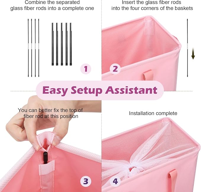 Odonata Slim Laundry Hamper Handles Collapsible Laundry Basket Thin Dirty Clothes Basket Narrow Laundry Bag Foldable Dirty Hamper 45L (Pink) - Image 3