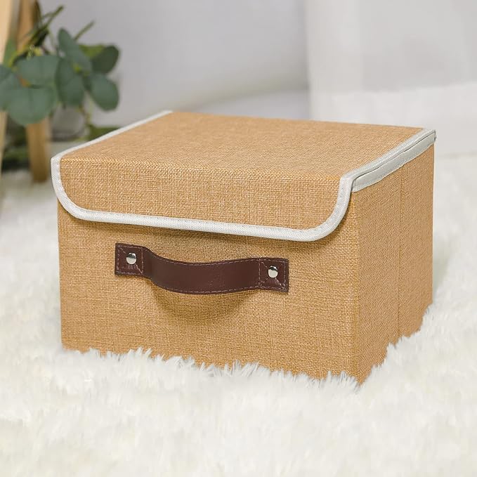 ANMINY Storage Bin with Lid Storage Boxes with PU Leather Handles PP Plastic Board Decorative Foldable Lidded Cotton Linen Fabric Home Cubes Baskets Closet Organizer Container - Khaki, Small Size - Image 6