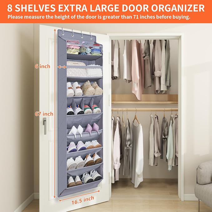 FENTEC 1 Pack Over The Door Shoe Organizer,68" Exlarge Deep Pockets Hanging Shoe Organizers, 8 Shelves Shoe Rack for Closet, Shoe Holder for Boots,Over Door Organizer in Home, RV, Dorm, Grey - Image 3