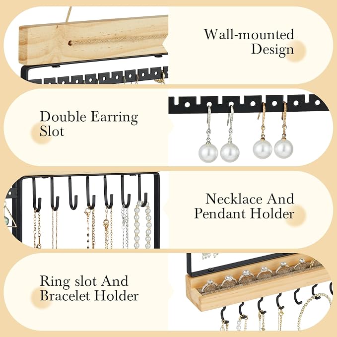 Feyejade Hanging Jewelry Organizer, 5-Tier Wall Earring Holder with Wooden Ring Groove, Jewelry Rack Wall Mounted for Earrings, Necklaces, Bracelets and Rings, Jewelry Holder Stand, Black - Image 5