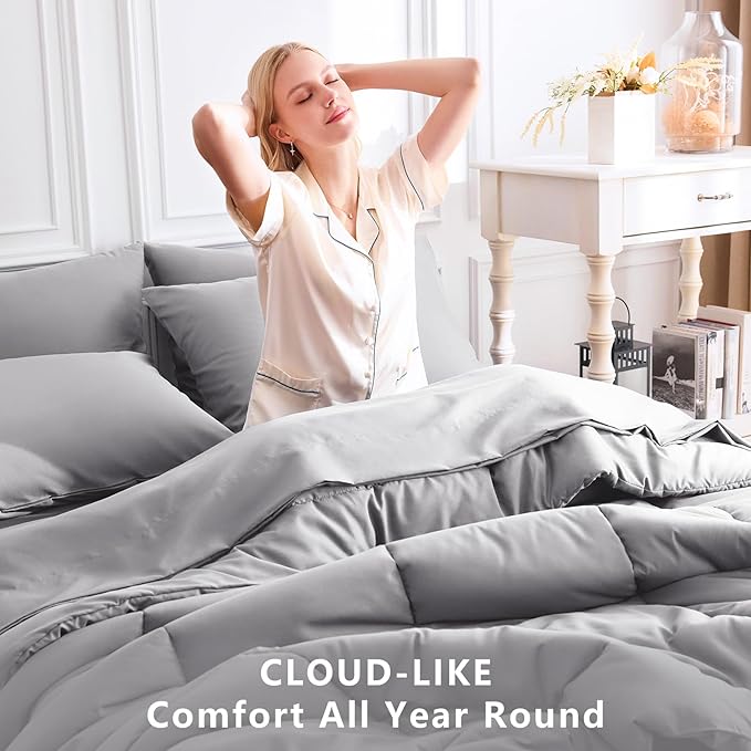 CozyLux Queen Comforter Set Grey, 7 Pieces Bed in a Bag, Gray Comforters Queen Size, All Season Bedding Sets with Stitch Quilted Comforter, Flat Sheet, Fitted Sheet, Pillowcases