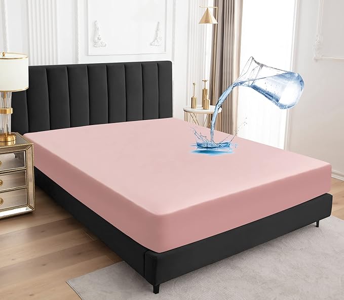 Sufdari Cal King Mattress Protector,Waterproof Mattress Protector,Fitted Sheet Style Mattress Cover with 18" Deep Pocket,Washable and Comfortable-Pink,California King
