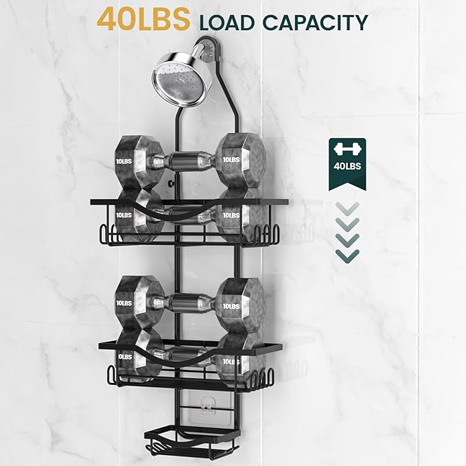 Shower Caddy Hanging Adjustable Shower Caddy, Rustproof Shower Organizer Extended Length Shower Caddies Over Shower Head with Hooks Soap Holder, Large Capacity Anti-Swing Bathroom Storage, Black - Image 5