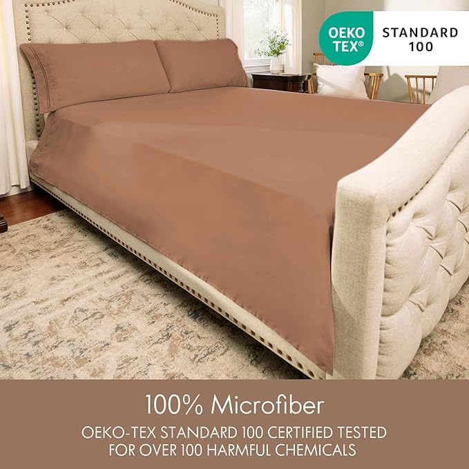 ClevaHome Sheets Twin Size Bed Set - 4 Piece Soft Breathable Luxury Bed Sheet Set - Shrinkage & Fade Resistant Embroidered Bedding Sheet with Deep Pocket, 2 Extra Pillowcases (Twin, Sandy Brown)