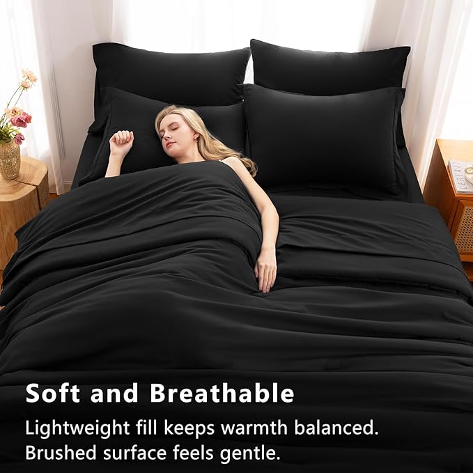 CozyLux Oversized Queen Comforter Set Black, 7 Pieces Bed in a Bag Comforter Set with Sheets, Luxury Soft Bedding Sets with Down Alternative Comforter, Fitted Sheet, Flat Sheet, Pillowcases & Shams