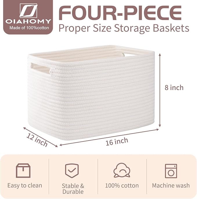 OIAHOMY 4 Pack Storage Baskets for Organizing, Cube Storage Bins for Shelves, Rectangle Storage Baskets With Handles, Woven Baskets for Storage, 16''Lx12''Wx8''H, White - Image 2