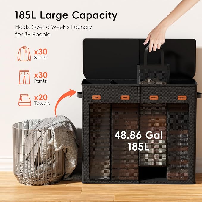 Laundry Hamper 4-Section with Lid, 185L Laundry Sorter with 4 Removable Bags + 1 Extra Large Bag, Switchable 3/4 Compartment, Laundry Basket Organizer for Bedroom, Laundry Room，Black - Image 3