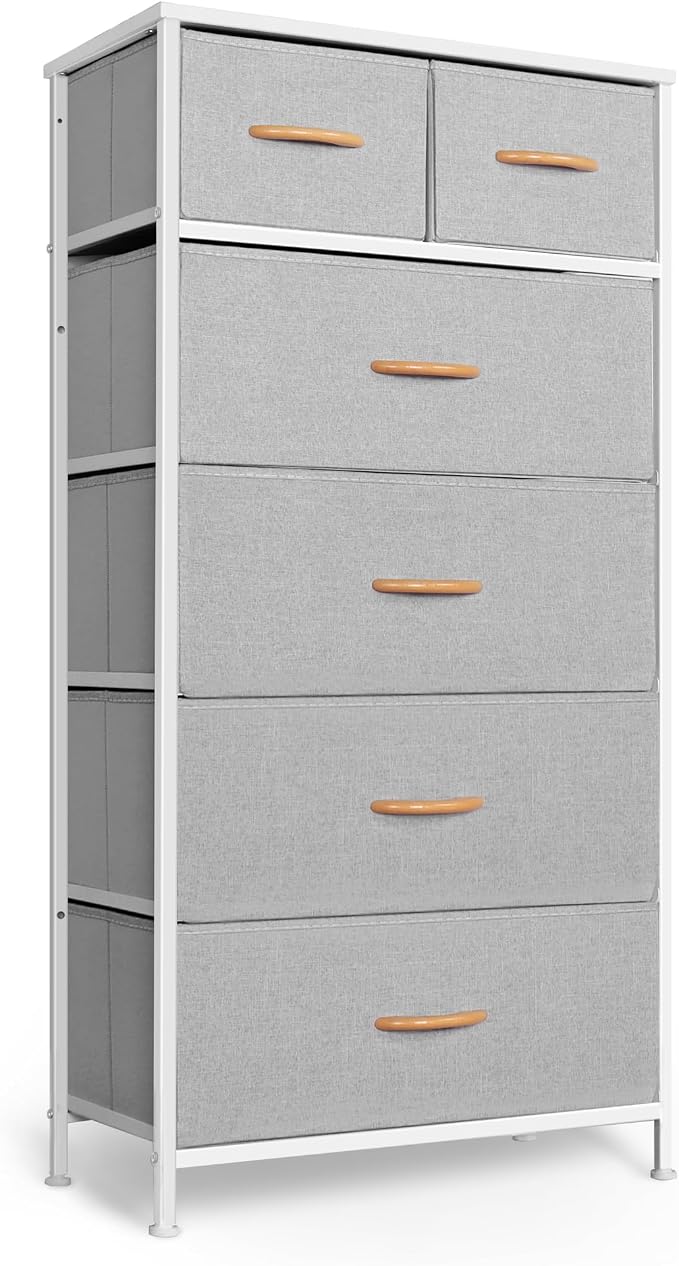 Mifuro Tall Dresser for Bedroom, Vertical Storage Organizer Tower with 6 Drawers, Chest of Drawers with Fabric Bins, Steel Frame, Wood Top for Bedroom, Closet, Entryway- Light Grey by MifuroOfficeProduct