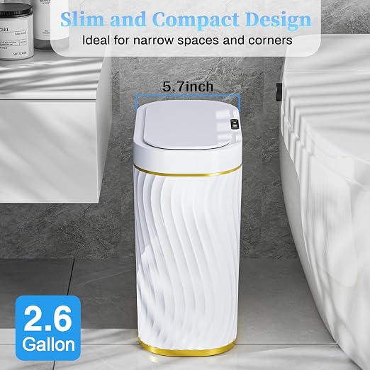 Bathroom Small Trash Can with Automatic Touchless Lid, 2.6 Gallon Smart Garbage Can Narrow Waterproof Trash Bin for Bedroom, Office, Living Room - Image 3