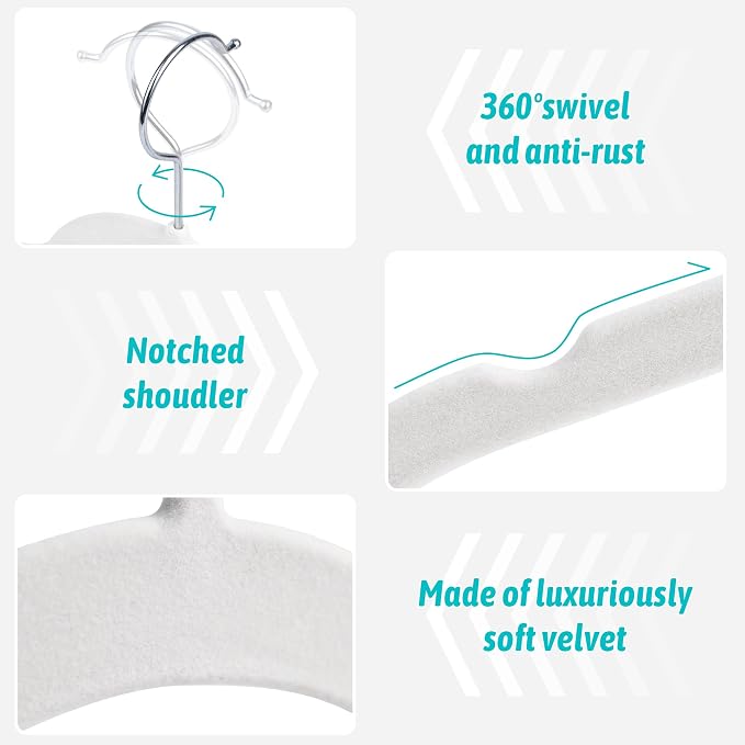 Sishynio Premium Velvet Shirt Hangers 50 Pack, Non-Slip 360° Swivel Hook Slim Felt Hanger, Space Saving Flocked Hangers for Tank Tops, Blouses, Strappy Dresses(White) - Image 2