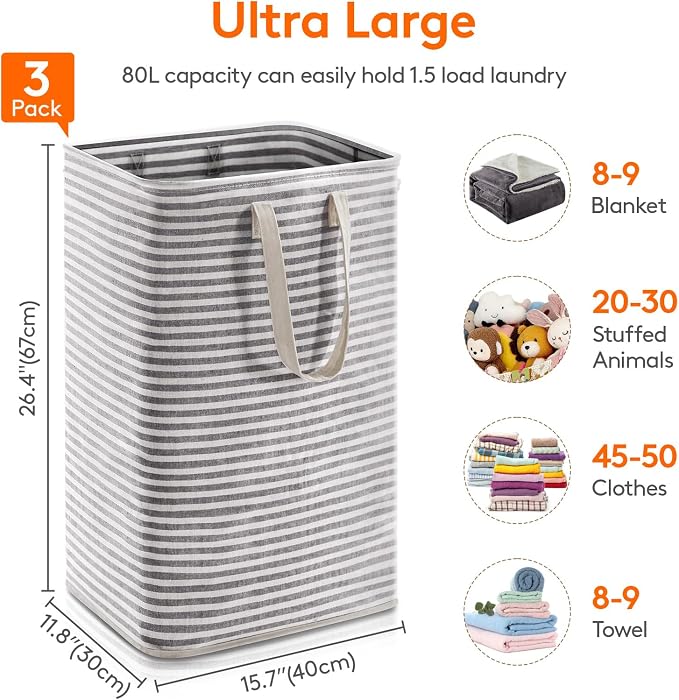 Lifewit 3 Pack Laundry Basket 80L Each, Collapsible Clothes Hamper with Reinforced Handles, Freestanding Waterproof Design for Bedroom and Laundry Room, Black 240L Total - Image 3