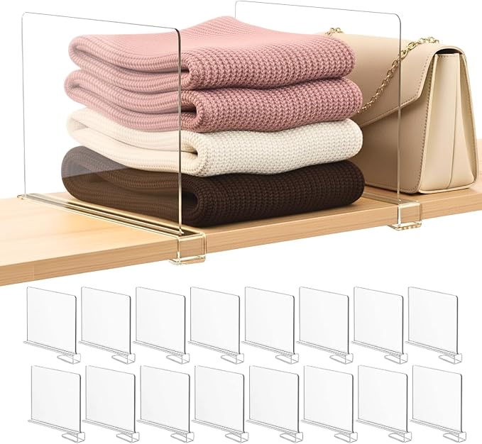 SortNStore Shelf Dividers Purse Organizer for Closet: 16-Pack Acrylic Bag Storage Organizer for Handbags, Clutches, Clothes, Sweater, Towel on Wood Shelves by SortNStore