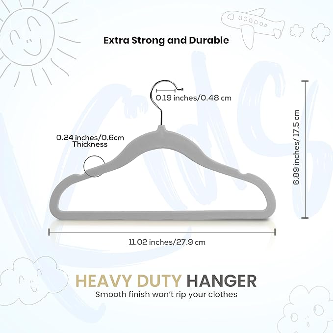 Utopia Home Kids Velvet Hangers 50 Pack – 11 Inch Non-Slip Baby Hangers for Baby and Toddlers, Durable Ultra-Slim Space-Saving Closet Organizers (Grey) - Image 5