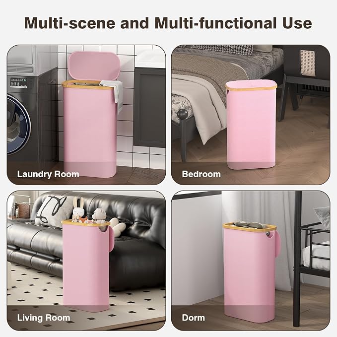 Bathola 75L Slim Laundry Hamper with Lid, Dirty Clothes Hampers for Laundry, Collapsible Laundry Baskets for Small Spaces, Bedroom, Bathroom, Laundry Room, Pink - Image 7