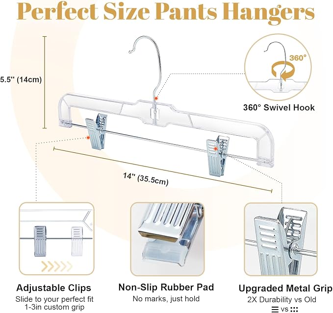 HOUSE DAY 50 Pack Skirt Hangers Pant Hangers with Clips, Clear Plastic Hangers for Pants, Skirts, Shorts, Versatile Use Clip Hanger, Retail Hanger - Image 9