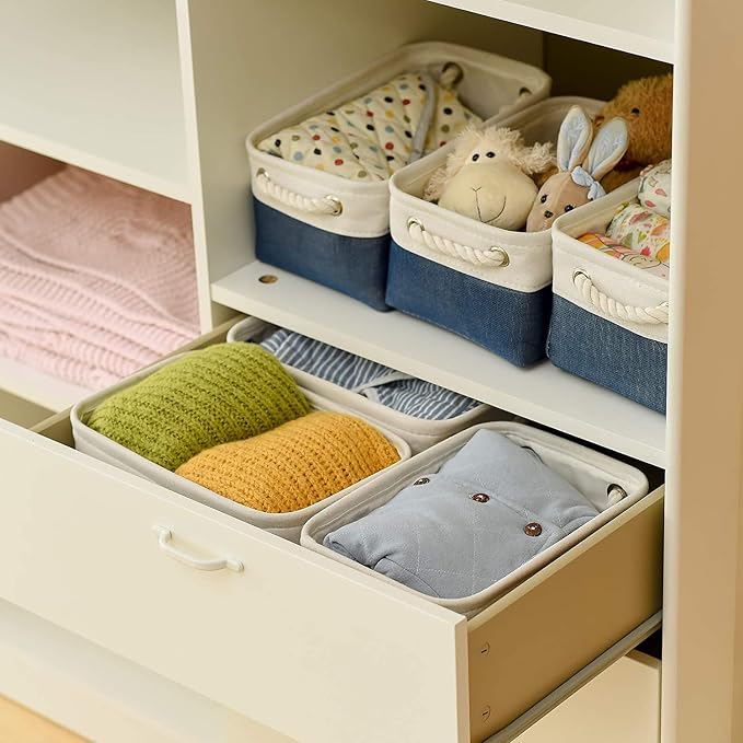 TheWarmHome Storage Basket for Organizing - Small 12x8x5.2 inch 6 Pack Collapsible Storage Bin for Shelves, Canves Storage Cubes for Organizer Cloth Box Gift Toys Closet (White & Jean Blue) - Image 2