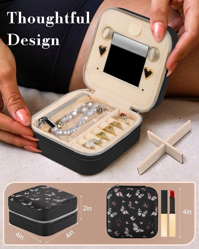 Bistup Travel Jewelry Case - Small Jewelry Organizers and Storage Box for Women Girls Teens Cute Traveling Jewelry Holder Mirror Little Tiny Compact Modern Unique Aesthetic Pretty, Black Butterfly - Image 2