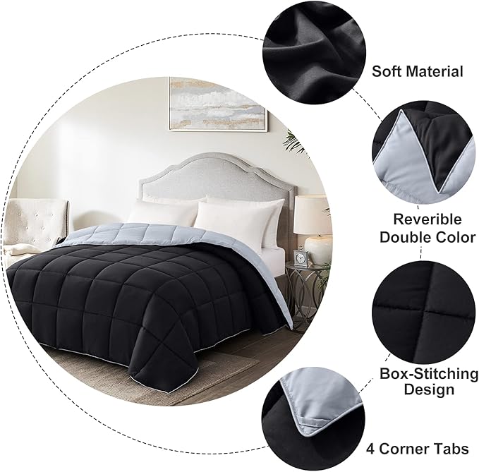 Homelike Moment Oversized Queen Comforter - Black Duvet Insert Down Alternative Bed Comforter, Lightweight Bedding Comforters Oversize Queen Quilted Soft All Season Reversible Black/Light Grey
