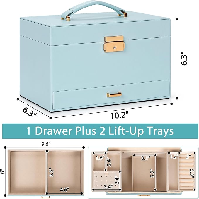 AKOZLIN Travel Jewelry Box Organizer Functional 2-trays Leather Jewelry Storage Case with Lockable Portable Drawer for Women Girls Ring Necklace Earring Bracelet - Image 6