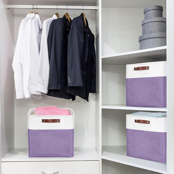Bagnizer 13x13 Cube Storage Bins, Collapsible Fabric Storage Box, 4 Pack Closet Baskets with Handles for Organizing, Shelf, Toys, Clothes, Home, Office, Nursery (Purple&White) - Image 2