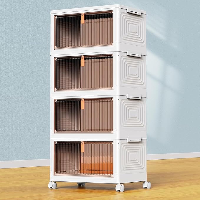 YFXCVSL 4 Tier Plastic Storage Bins with Lid 23QT, Stackable Storage Containers with Wheels, Folding Storage Boxes, Stackable Storage Bins, Organizers and Storage for Living Room,Office,Dorm by YFXCVSL