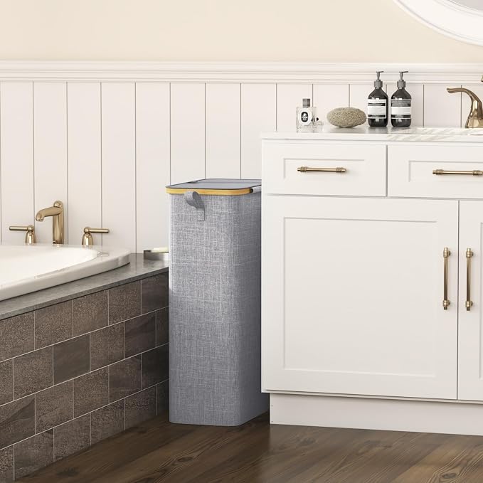 Lifewit 75L Slim Laundry Hamper with Lid, Narrow Laundry Basket with Removable Bag & Bamboo Handles, Fodable Thin Dirty Clothes Hamper for Laundry Collapsible Bin for Bathroom Bedroom Dorm, Gray - Image 2