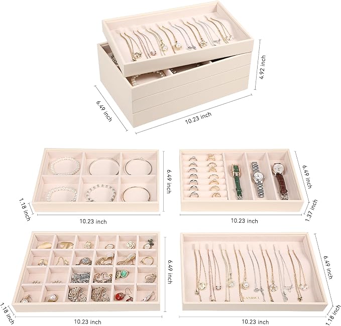 LANDICI Stackable Jewelry Organizer Trays 4 Set,PU Leather Jewelry Organizer Drawer,Jewelry Storage Display Tray for Earring Necklace Rings Bracelet with Removable Dividers,Apricot - Image 4