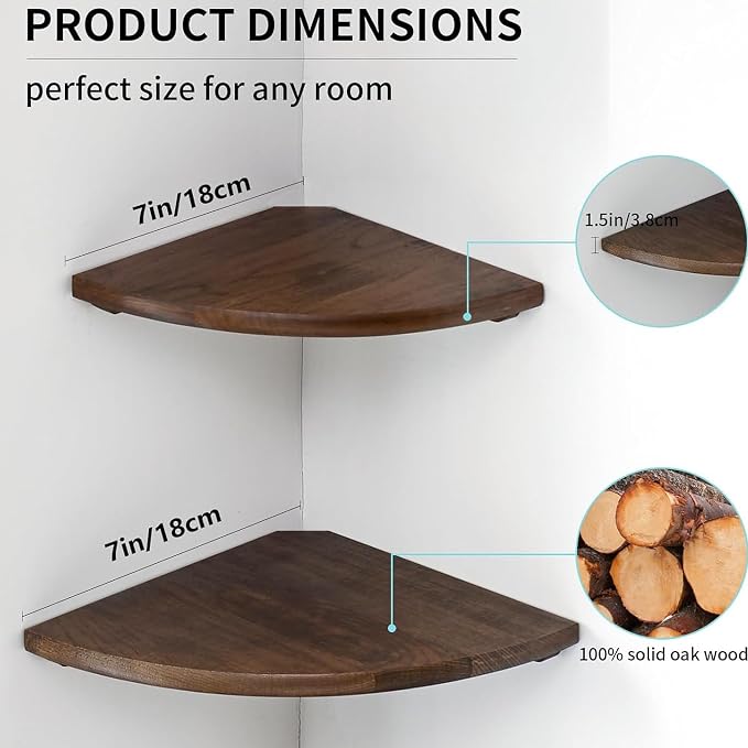 Corner Shelves, Floating Corner Shelf, Set of 2 7inch Solid Oak Wood Corner Wall Shelves, Round End with Wire Hole for Small Plant for Bedroom Kitchen, Living Room - Image 5