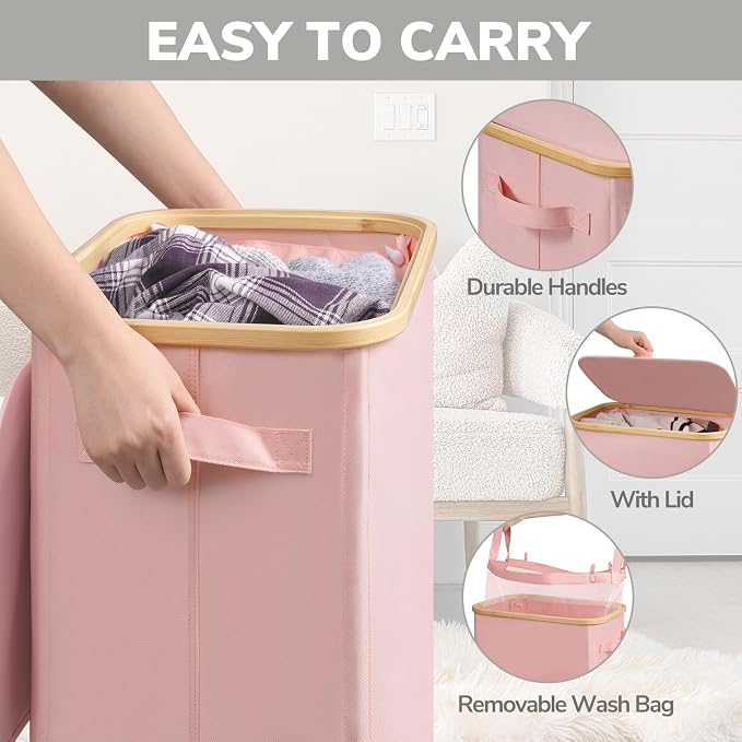 Goodpick Laundry Basket with Wheels, Collapsible Clothes Hampers with Removable Laundry Bag 100L Large Rolling Hamper with Lid for Bedroom, Bathroom, Pink - Image 5