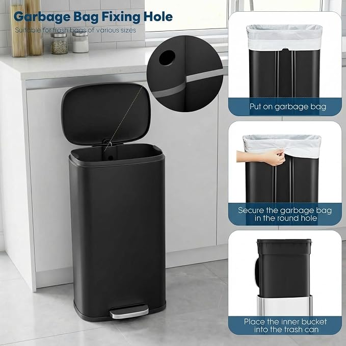 8 Gal Kitchen Trash Can, 30L Recycling or Garbage Bin, Brushed Stainless Steel Waste Basket, Soft&Quiet Close Dustbin, with Step-On Pedal, Removable Inner Bucket, for Home, Office, Living Room - Image 6