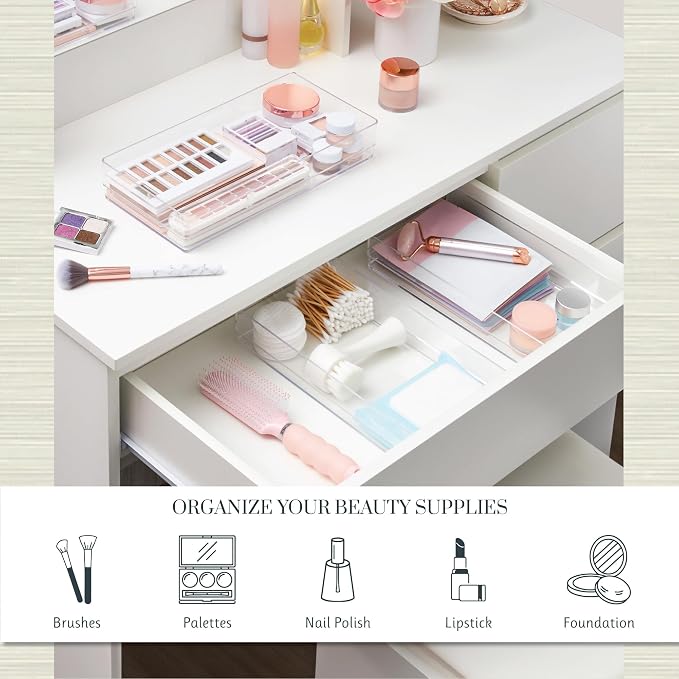 STORi SimpleSort 3-Piece Stackable Clear Drawer Organizer Set | 12" x 6" x 2" Rectangle Trays | Wide Makeup Vanity Storage Bins and Office Desk Drawer Dividers | Made in USA - Image 3