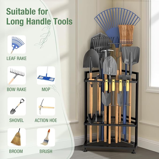 Garden Tool Organizer for Corner,Metal Yard Tool Organizer for Long-Handled Tools/Rakes/Brooms,Side Garden Pocket,Heavy Duty Steel Yard Tool Storage Rack for Garage,Shed, Outdoor - Image 4