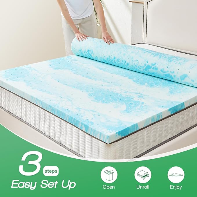 Sweetcrispy Mattress Topper Full, 3 Inch Thick Memory Foam Gel Infused Cooling Toppers Pad for Full Size Bed, Sleeper Sofa, RV, Camper, CertiPUR US Certified, Ventilated and Breathable, Blue