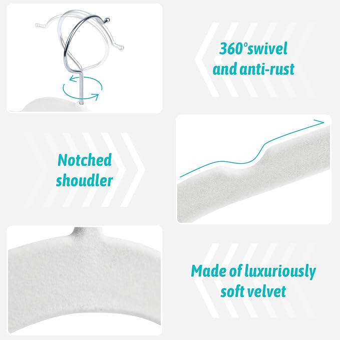 Sishynio Premium Velvet Shirt Hangers 30 Pack, Non-Slip 360° Swivel Hook Slim Felt Hanger, Space Saving Flocked Hangers for Tank Tops, Blouses, Strappy Dresses(White) - Image 2
